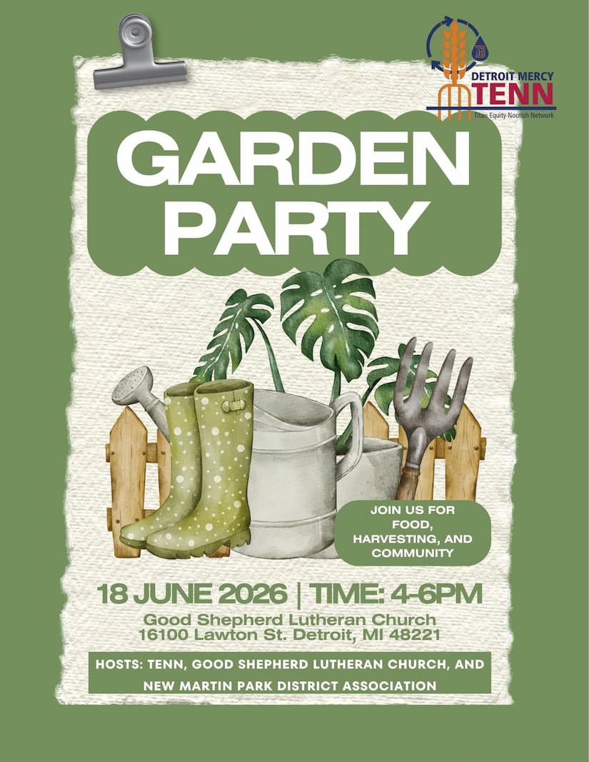 A flyer on a green background for the TENN Garden Party. Beneath the title is a graphic of planting materials, boots, watering can, garden hoe in front of a picket fence with a bubble on the right that reads 