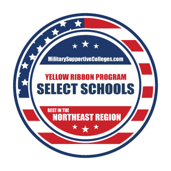 A circular logo with MilitarySupportiveColleges.com, Yellow Ribbon Program, Select Schools, Best in the Northeast Region
