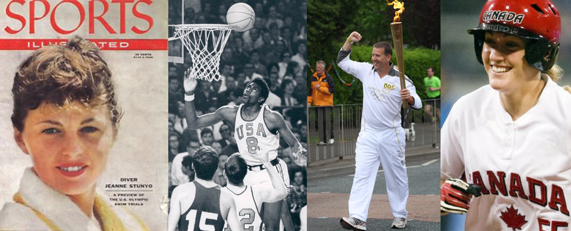 A graphic featuring four athletes, participating in various sports, one carrying an Olympic torch, one in softball, one in basketball and one on the cover of Sports Illustrated.