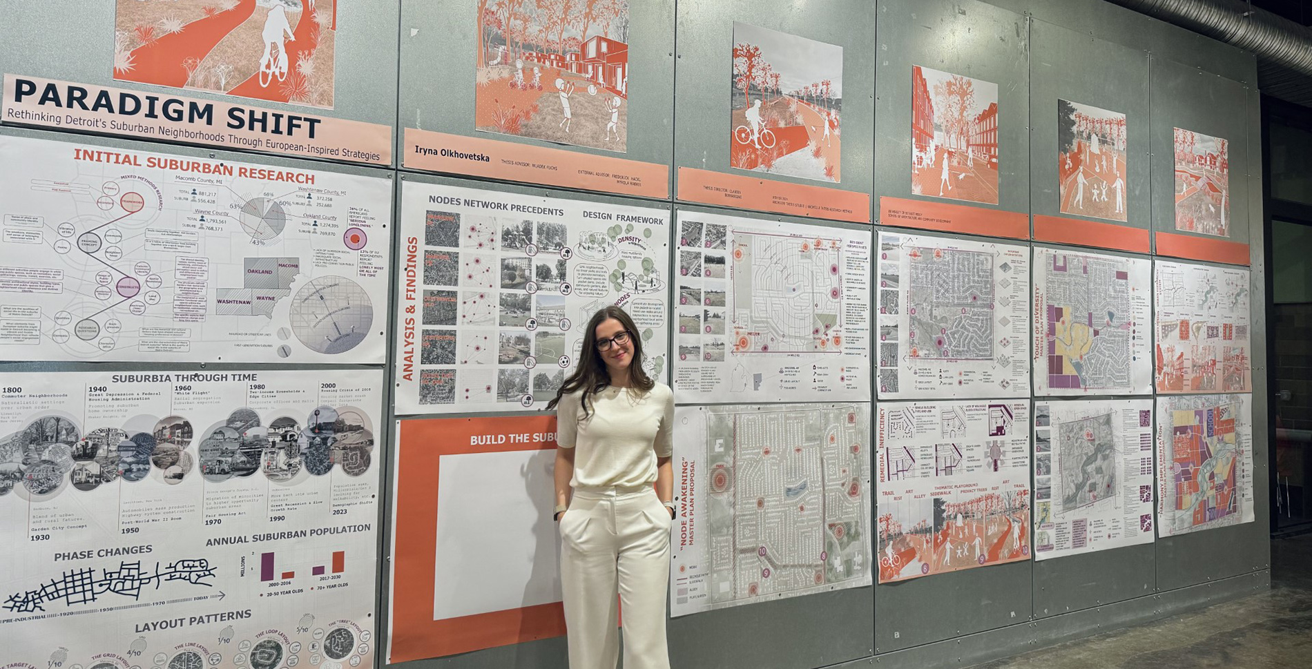 Iryna Olkhovetska poses in front of her thesis presentation, titled 
