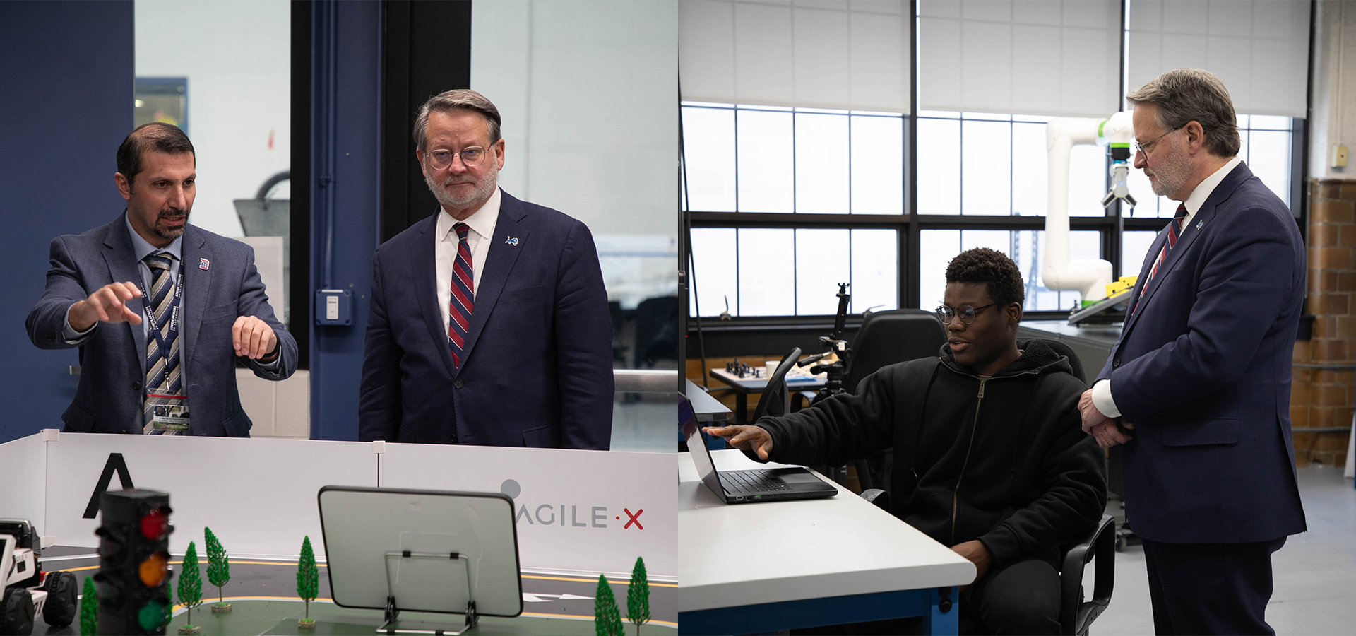 Senator Gary Peters is pictured in a pair of pictures inside of the Engineering Building, on the left with a professor looking at equipment and on the right talking with a 太阳城娱乐城 student as they look at a laptop computer.