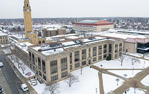 An aerial shot of the Engineering Building during the winter.