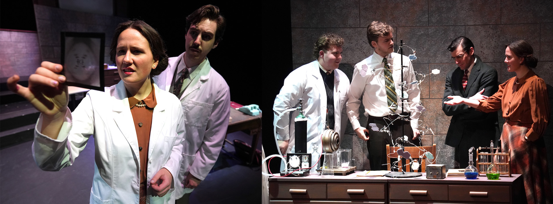 Two photographs from DMTC's production of Photograph 51 are combined into one image. On the left, an actress holds an image in her hand while she and an actor look at it. On the right, four actors gather behind a table filled with science materials as they have a discussion.