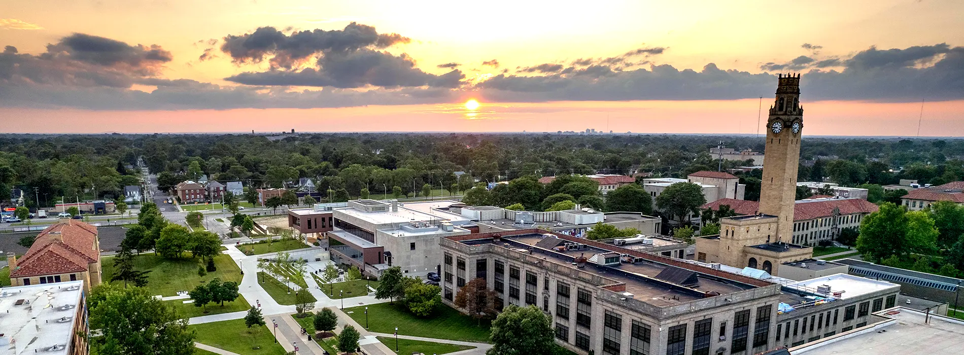 McNichols Campus drone shot at sunset