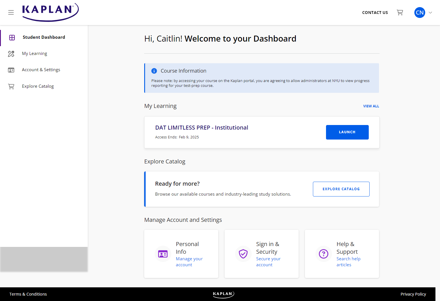 kaplan your dashboard screen