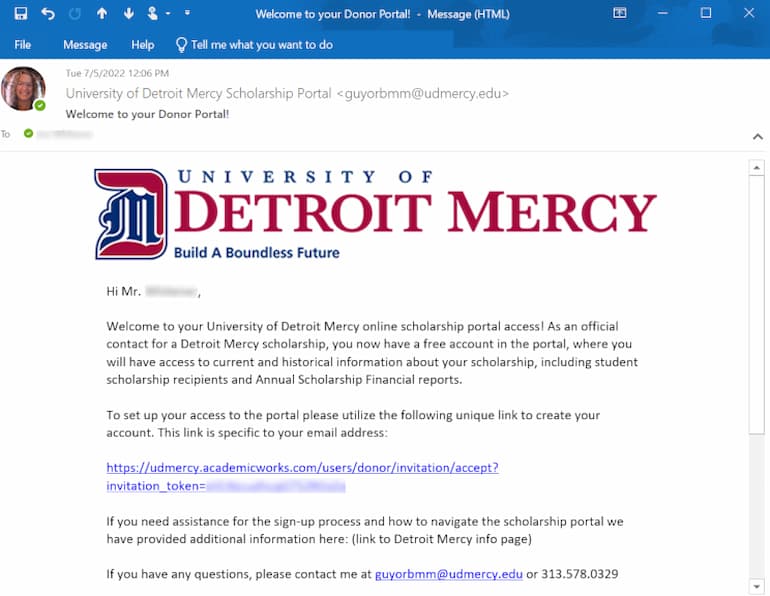 Screen shot of email donor receives