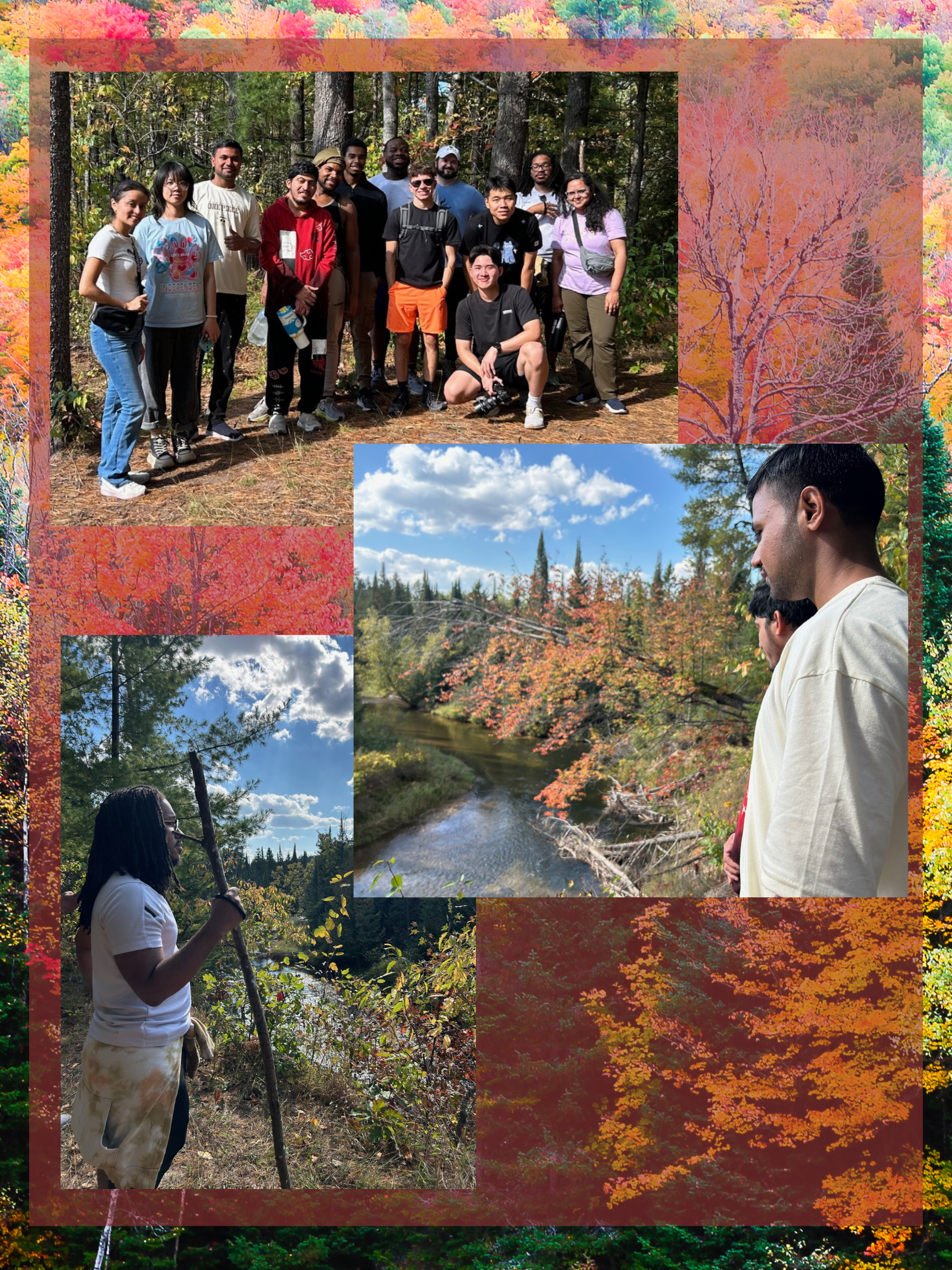 Photos of students in nature with fall trees in the background.