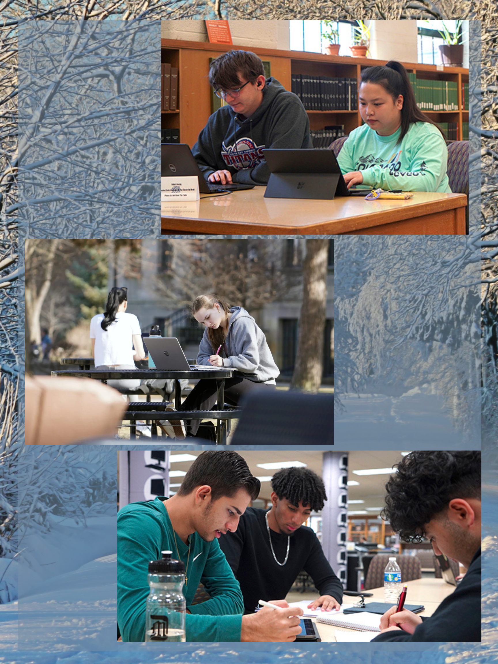 Photos of Students studying with winter background.